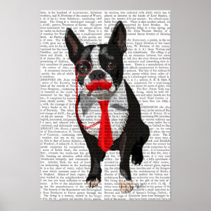 Boston Terrier met rood Stropdas en snor Poster