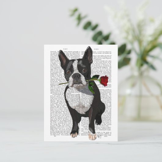 Boston Terrier met Roos in Mouth Briefkaart (Staand voorkant)