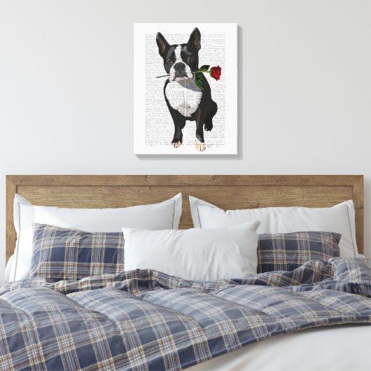 Boston Terrier met Roos in Mouth Canvas Afdruk (Insitu (Slaapkamer))