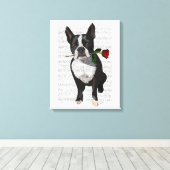 Boston Terrier met Roos in Mouth Canvas Afdruk (Insitu (Houten vloer))