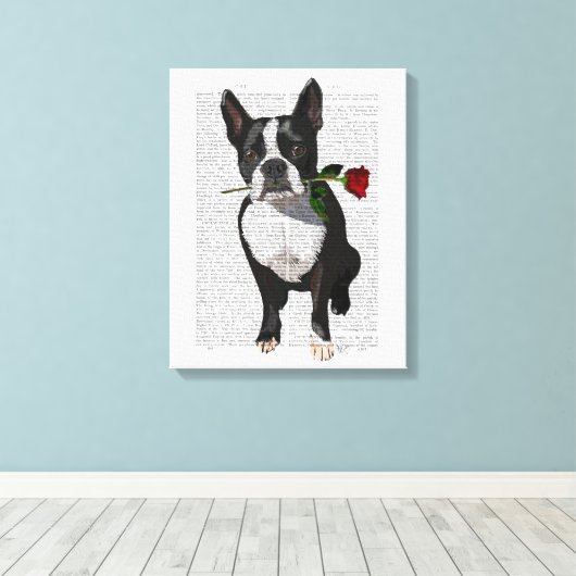 Boston Terrier met Roos in Mouth Canvas Afdruk (Insitu (Houten vloer))