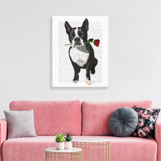 Boston Terrier met Roos in Mouth Canvas Afdruk (Insitu (Woonkamer))