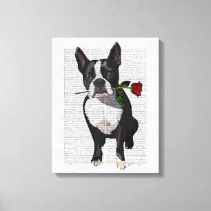 Boston Terrier met Roos in Mouth Canvas Afdruk