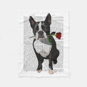 Boston Terrier met Roos in Mouth Fleece Deken