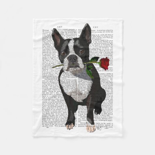 Boston Terrier met Roos in Mouth Fleece Deken (Voorkant)