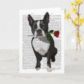 Boston Terrier met Roos in Mouth Kaart (Gele Bloem)