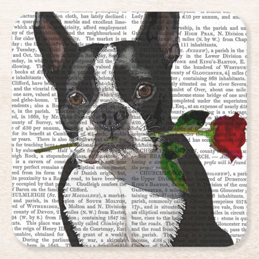 Boston Terrier met Roos in Mouth Kartonnen Onderzetters (Voorkant)