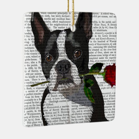 Boston Terrier met Roos in Mouth Keramisch Ornament (Rechts)