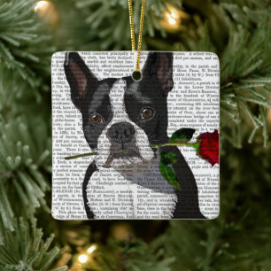 Boston Terrier met Roos in Mouth Keramisch Ornament