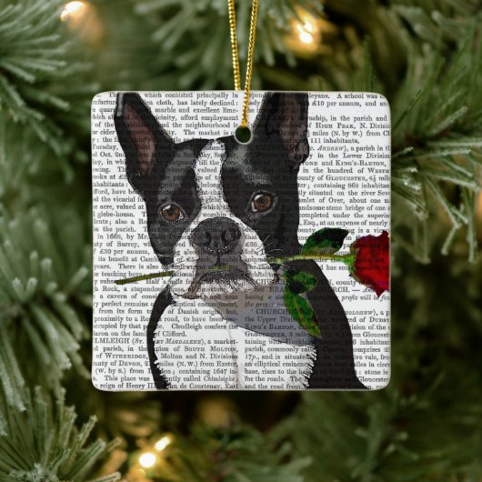 Boston Terrier met Roos in Mouth Keramisch Ornament (Boom)