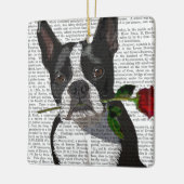 Boston Terrier met Roos in Mouth Keramisch Ornament (Links)