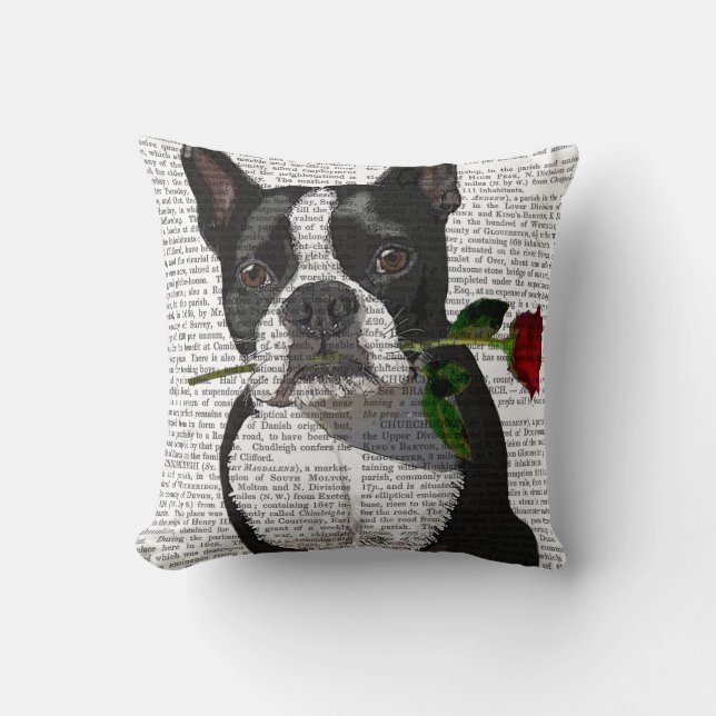Boston Terrier met Roos in Mouth Kussen (Voorkant)