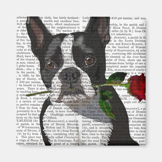 Boston Terrier met Roos in Mouth Magneet (Voorkant)
