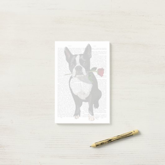 Boston Terrier met Roos in Mouth Post-it® Notes (Op bureau)