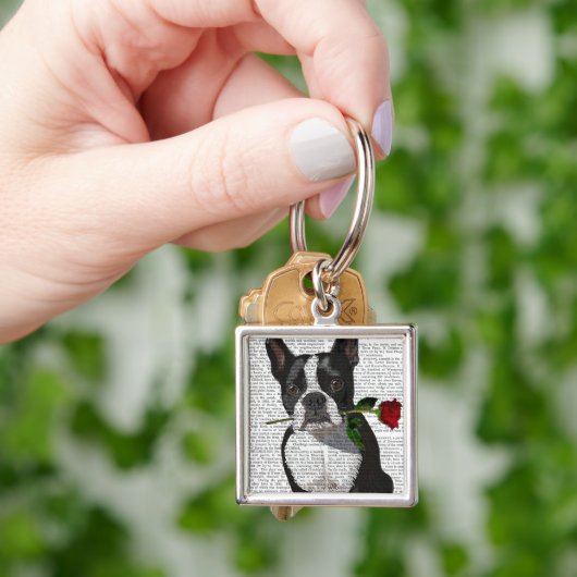 Boston Terrier met Roos in Mouth Sleutelhanger (Hand)