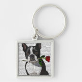 Boston Terrier met Roos in Mouth Sleutelhanger (Voorkant)