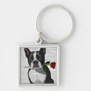 Boston Terrier met Roos in Mouth Sleutelhanger