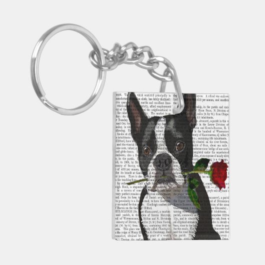 Boston Terrier met Roos in Mouth Sleutelhanger (Voorkant Links)