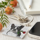 Boston Terrier met Roos in Mouth Sleutelhanger (Voorkant Rechts)