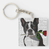 Boston Terrier met Roos in Mouth Sleutelhanger (Voorkant)