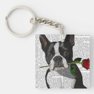Boston Terrier met Roos in Mouth Sleutelhanger