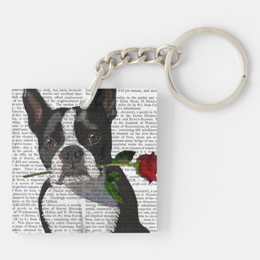 Boston Terrier met Roos in Mouth Sleutelhanger (Achterkant)