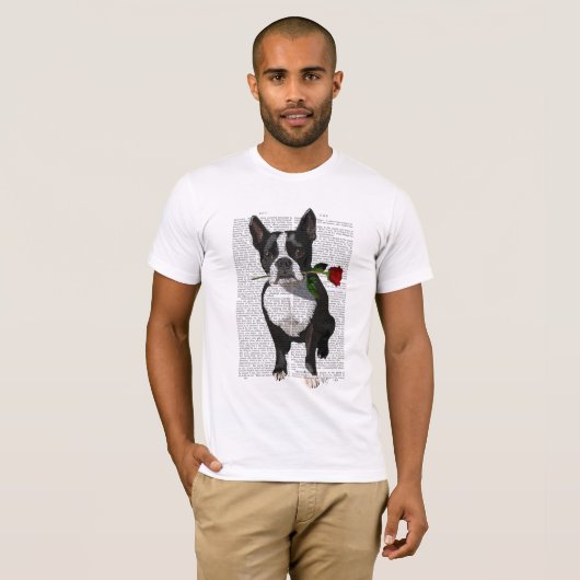 Boston Terrier met Roos in Mouth T-shirt (Voorkant volledig)