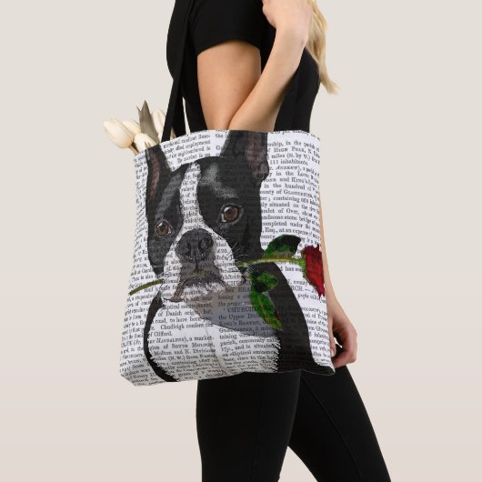 Boston Terrier met Roos in Mouth Tote Bag (Dichtbij)