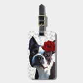 Boston Terrier met Roos op hoofd 2 Bagagelabel (Voorkant verticaal)