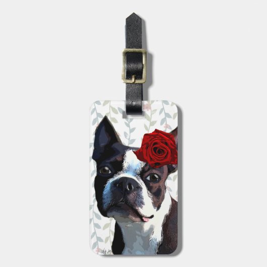 Boston Terrier met Roos op hoofd 2 Bagagelabel (Voorkant verticaal)