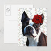 Boston Terrier met Roos op hoofd 2 Briefkaart (Voorkant / Achterkant)