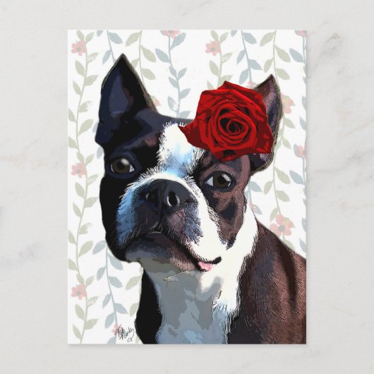 Boston Terrier met Roos op hoofd 2 Briefkaart (Voorkant)