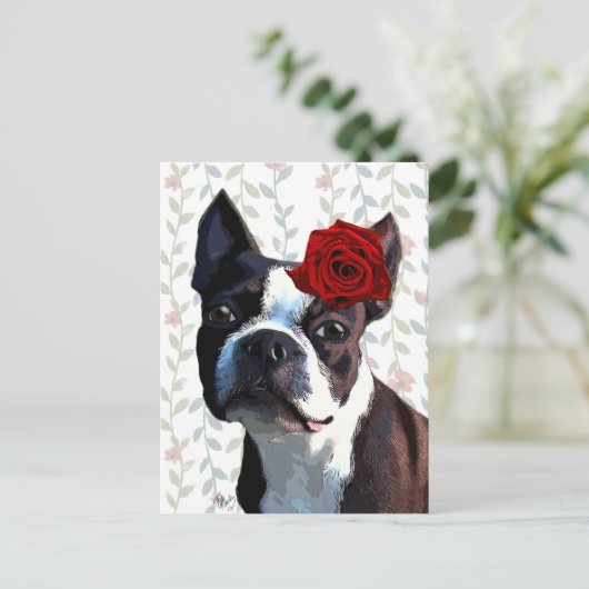 Boston Terrier met Roos op hoofd 2 Briefkaart (Staand voorkant)