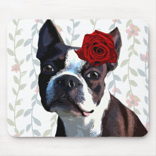 Boston Terrier met Roos op hoofd 2 Muismat (Voorkant)