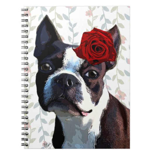 Boston Terrier met Roos op hoofd 2 Notitieboek (Voorkant)