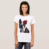 Boston Terrier met Roos op hoofd 2 T-shirt (Voorkant volledig)