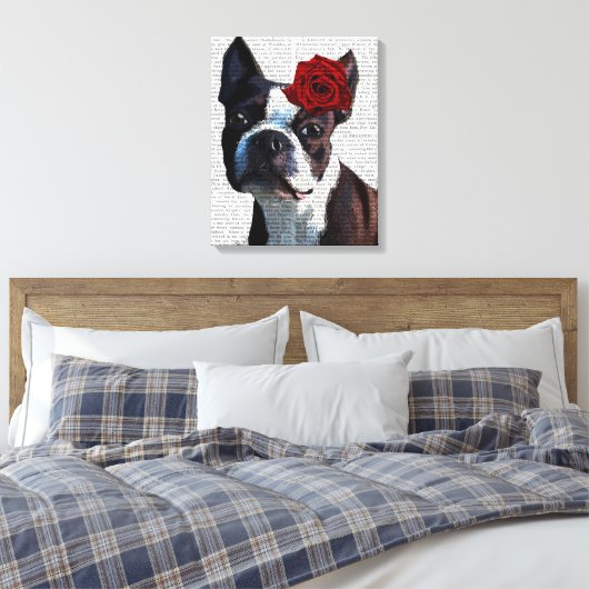 Boston Terrier met Roos op kop Canvas Afdruk (Insitu (Slaapkamer))