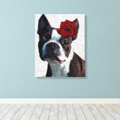 Boston Terrier met Roos op kop Canvas Afdruk (Insitu (Houten vloer))