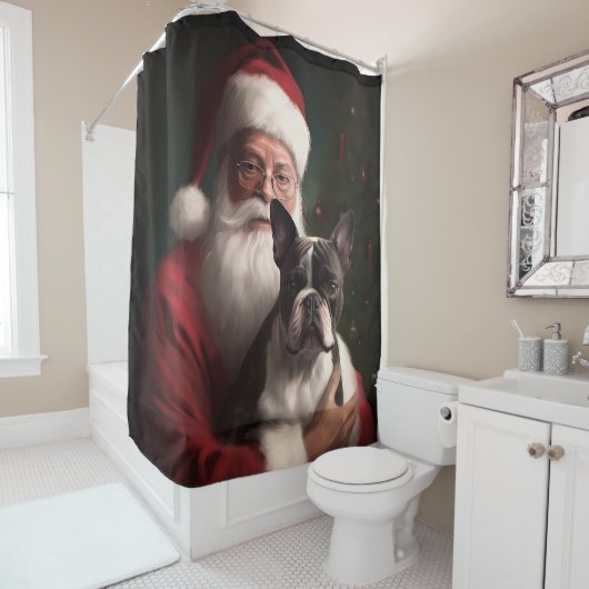 Boston Terrier met Sinterklaas Feestelijke Kerstmi Douchegordijn (In situ)