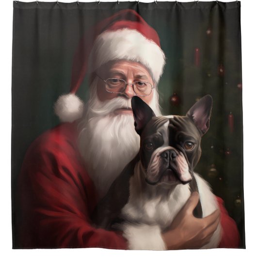 Boston Terrier met Sinterklaas Feestelijke Kerstmi Douchegordijn (Voorkant)
