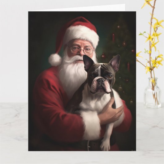 Boston Terrier met Sinterklaas Feestelijke Kerstmi Kaart (Gele Bloem)