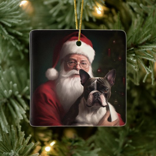 Boston Terrier met Sinterklaas Feestelijke Kerstmi Keramisch Ornament (Boom)