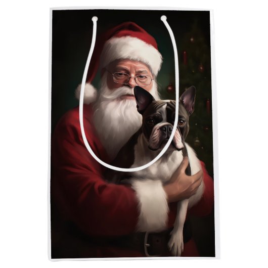 Boston Terrier met Sinterklaas Feestelijke Kerstmi Medium Cadeauzakje (Voorkant)