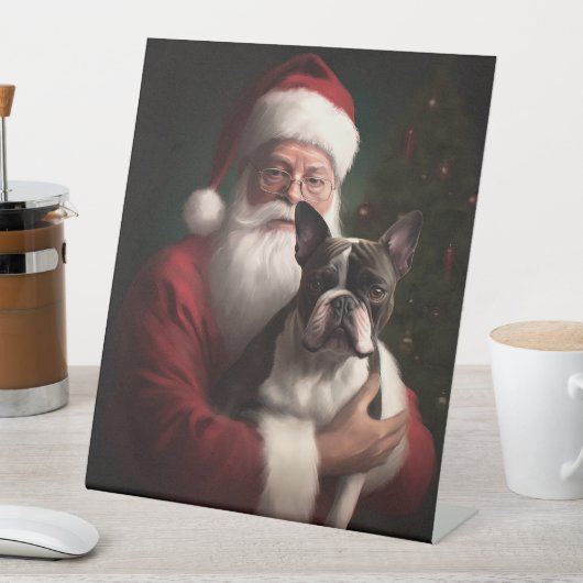 Boston Terrier met Sinterklaas Feestelijke Kerstmi Reclamebord Met Voetstuk (Insitu)