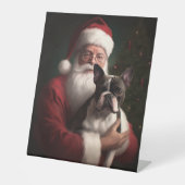 Boston Terrier met Sinterklaas Feestelijke Kerstmi Reclamebord Met Voetstuk (Voorkant)