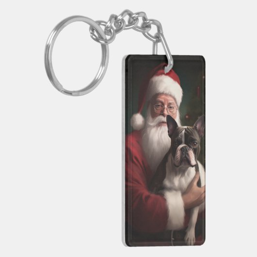 Boston Terrier met Sinterklaas Feestelijke Kerstmi Sleutelhanger (Voorkant Links)