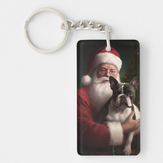 Boston Terrier met Sinterklaas Feestelijke Kerstmi Sleutelhanger (Voorkant)
