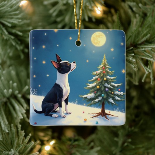 Boston Terrier Midnight Star-Gazing Christmas Keramisch Ornament (Boom)