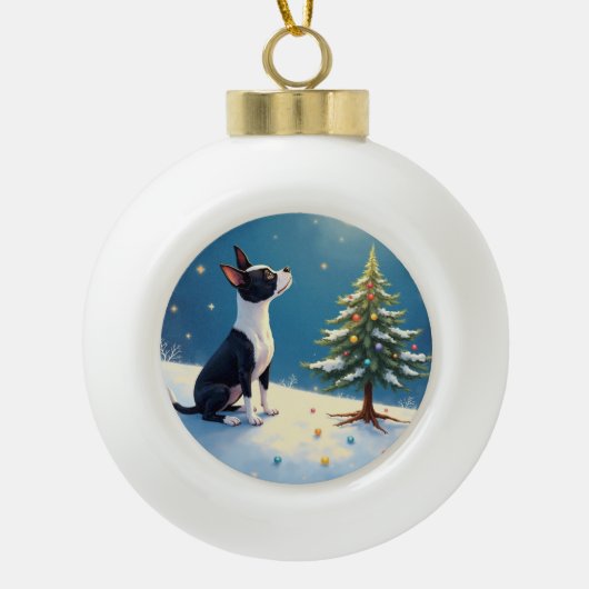 Boston Terrier Midnight Star-Gazing Christmas Keramische Bal Ornament (Voorkant)