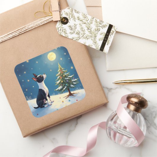 Boston Terrier Midnight Star-Gazing Christmas Vierkante Sticker (Geschenken)